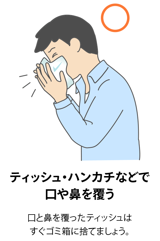 ティッシュ・ハンカチなどで口や鼻を覆う：口と鼻を覆ったティッシュはすぐゴミ箱に捨てましょう。